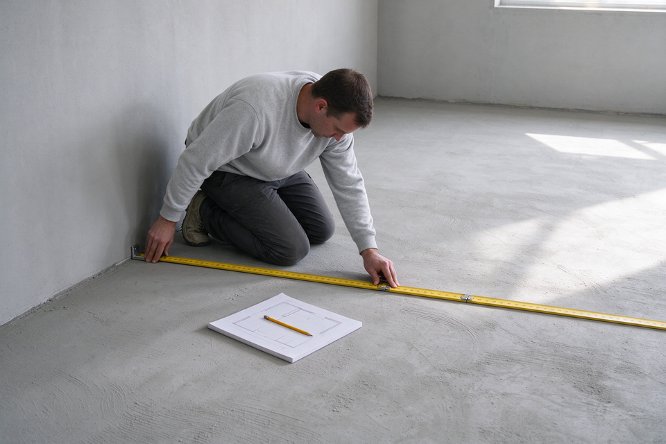 Raum wird mit dem Zollstock von der Wand aus ausgemessen, daneben eine Raumskizze
