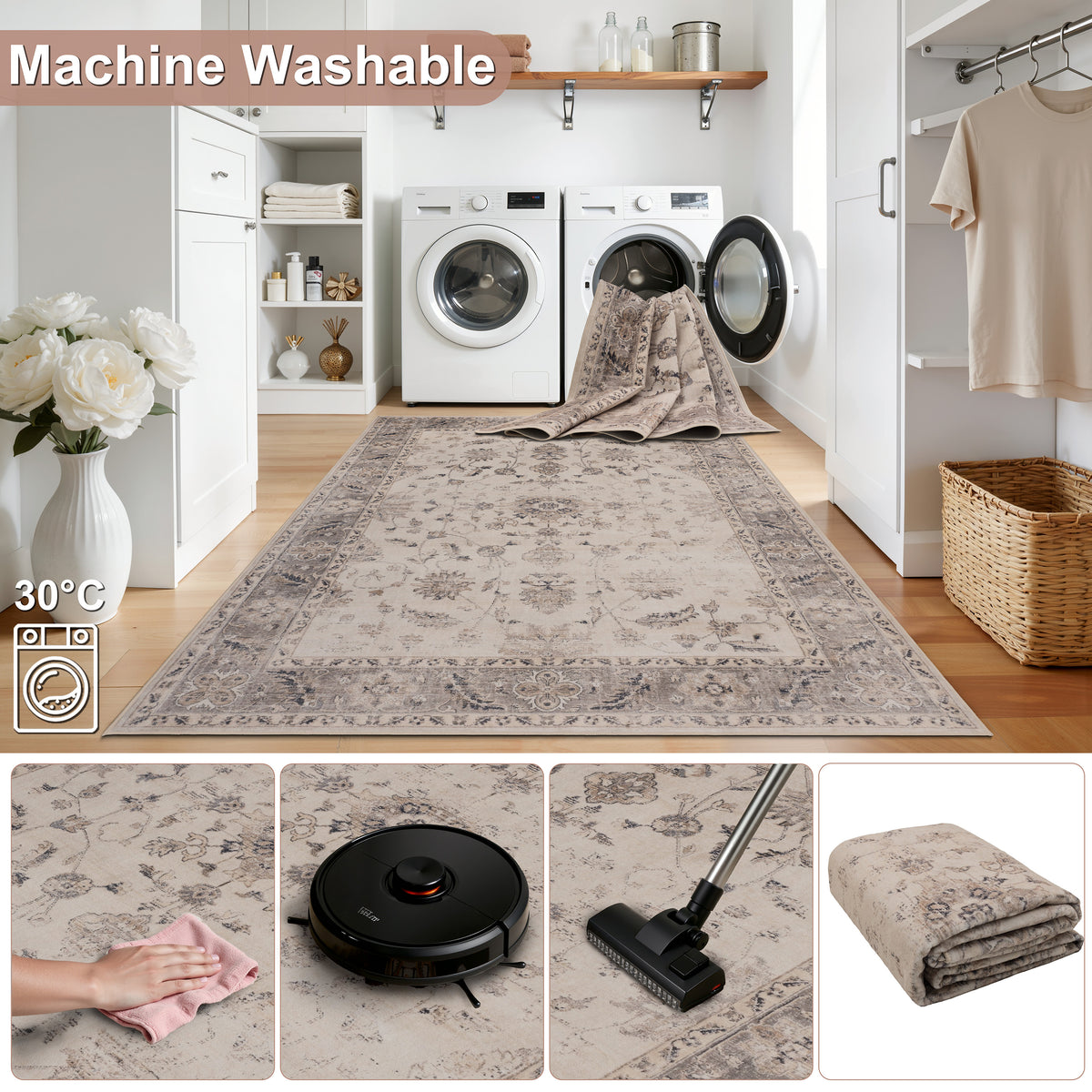 Inka 1143 Beige Kurzflor Teppich waschbar