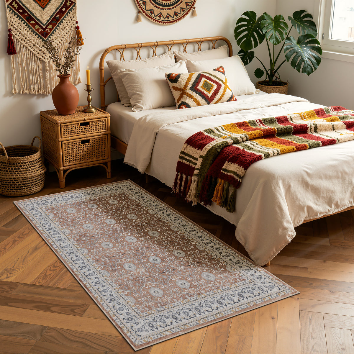 Inka 1145 Terrakotta Kurzflor Teppich waschbar