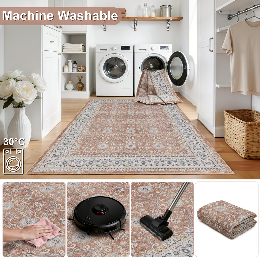 Inka 1145 Terrakotta Kurzflor Teppich waschbar