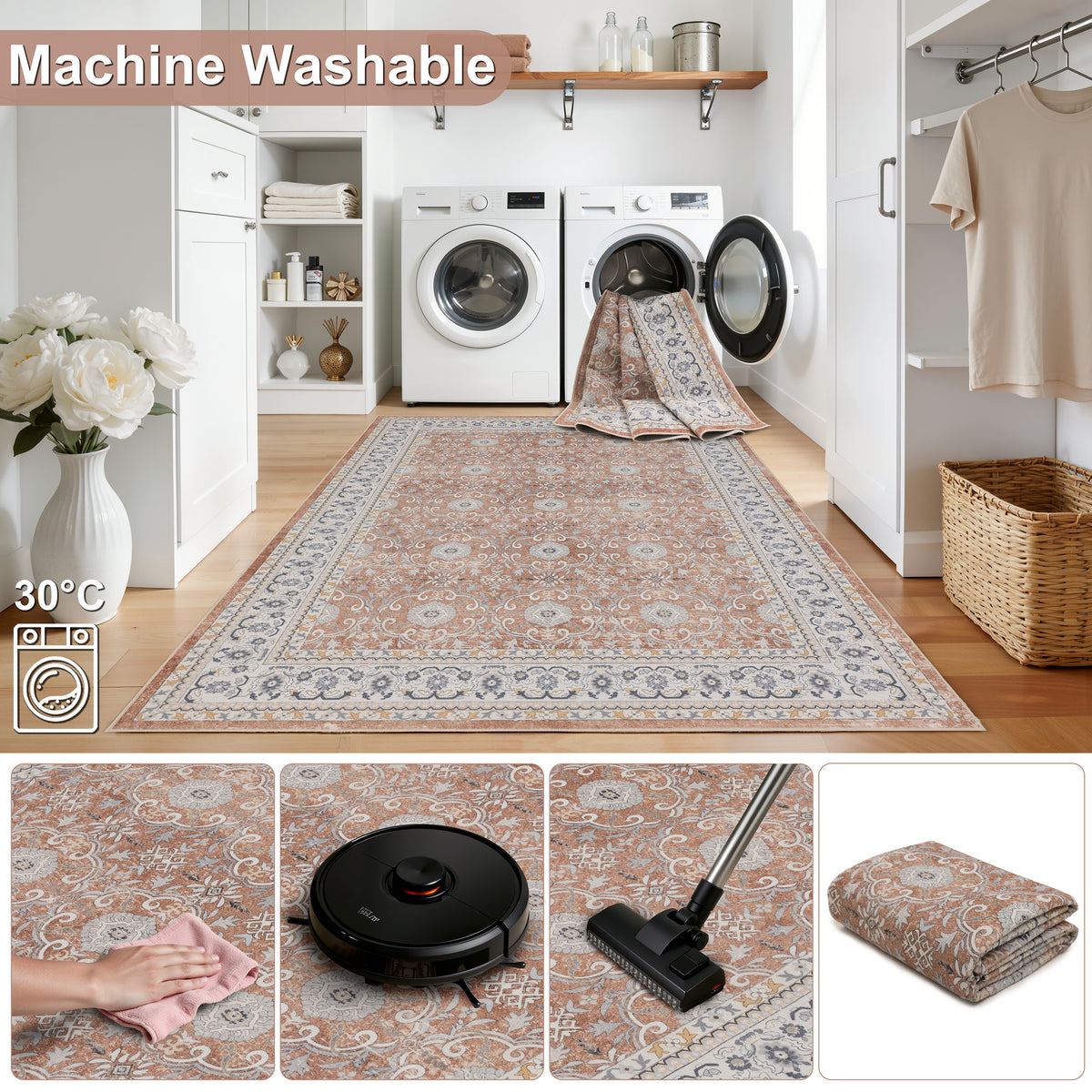 Inka 1145 Terrakotta Kurzflor Teppich waschbar