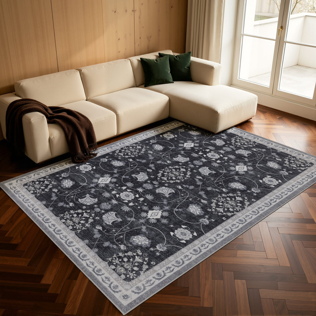 Inka 1146 Schwarz Kurzflor Teppich waschbar