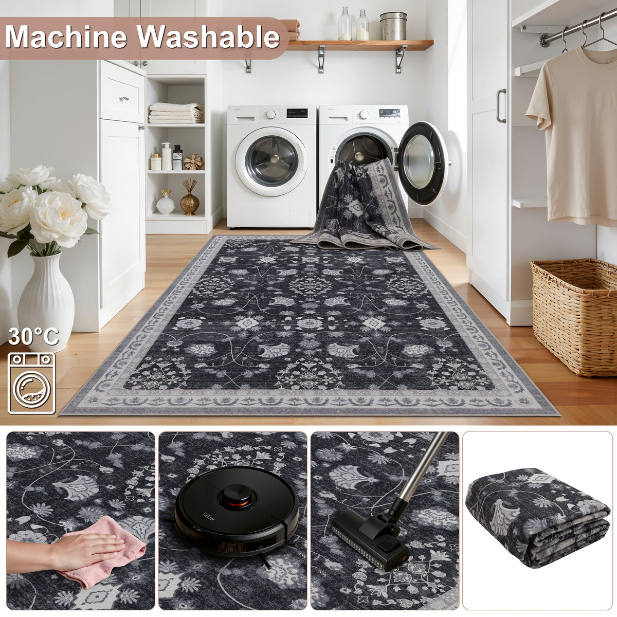 Inka 1146 Schwarz Kurzflor Teppich waschbar