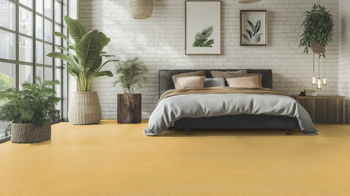 Elastium Linoleumboden 200cm | Farbe: Gelb Beige | Raumbild 1 (Beispielbild, Farbe kann abweichen)