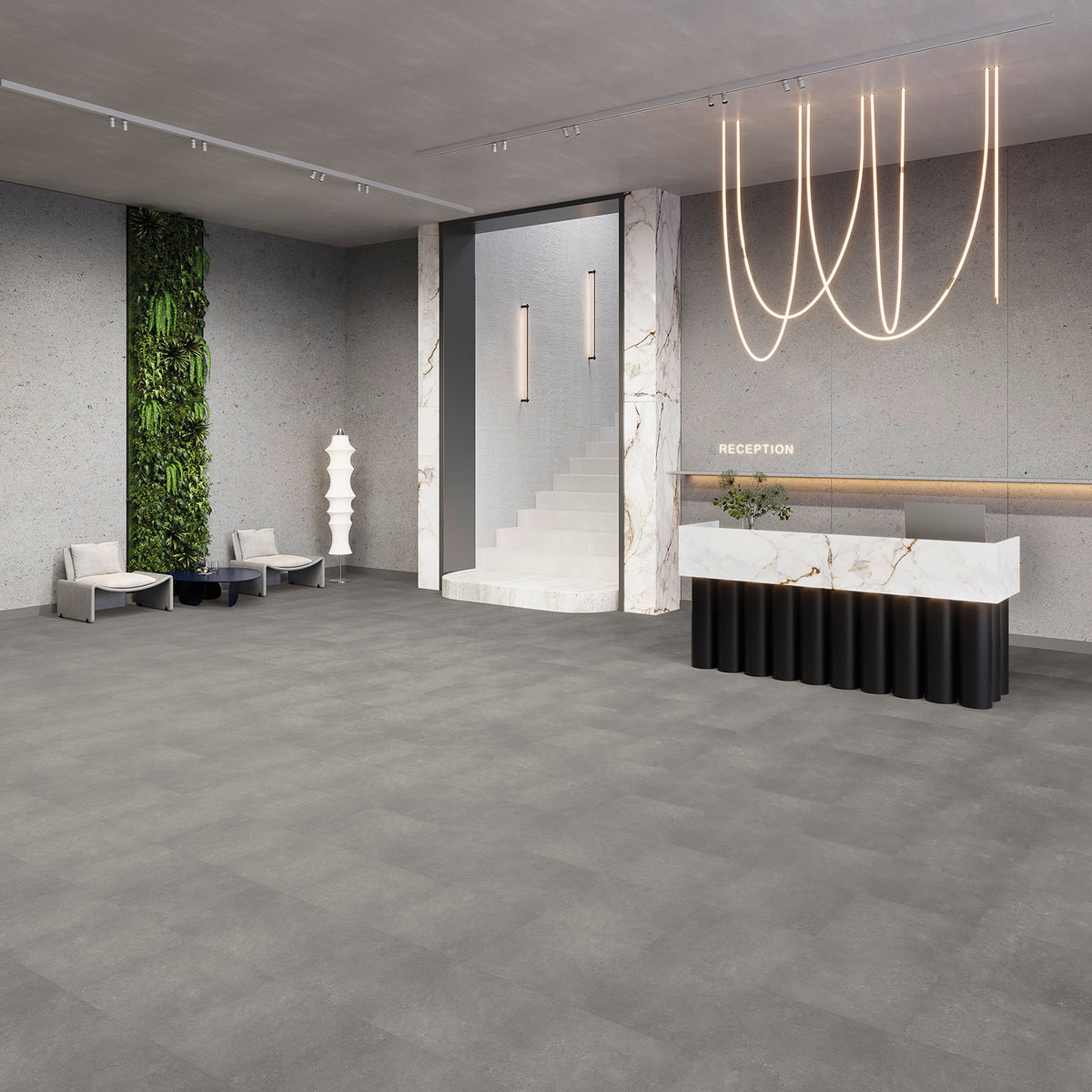 Dornova Beton Dunkel Klebevinyl – Raumbeispiel 1