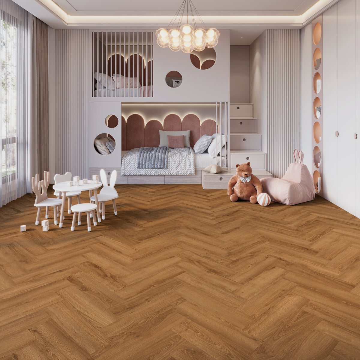 Fenora Eiche Cognac Fischgrät Klebevinyl – Raumbeispiel 1