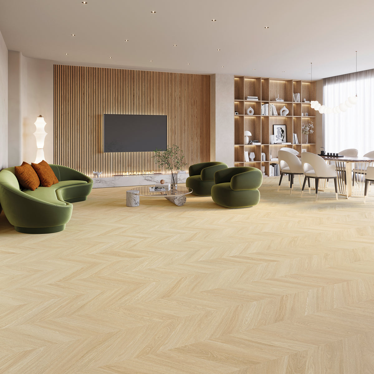 Kiruna Eiche Mandel Chevron Klebevinyl – Raumbeispiel 1