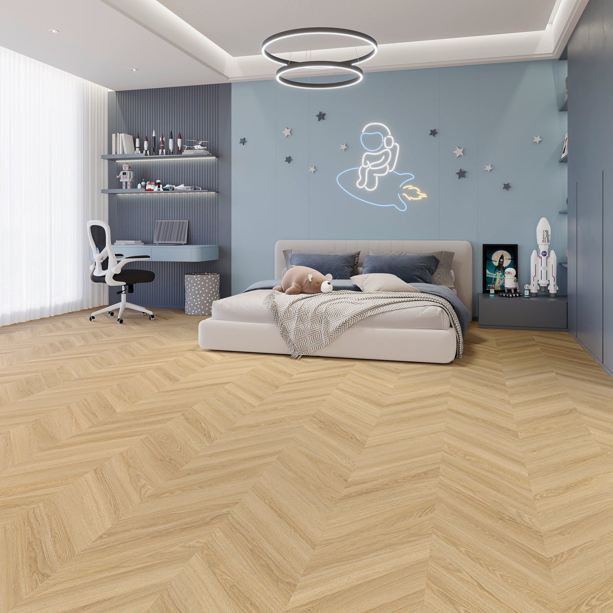 Kiruna Eiche Frost Chevron Klebevinyl – Raumbeispiel 1