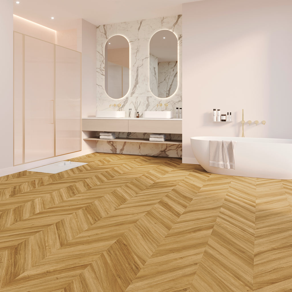 Kiruna Eiche Bernstein Chevron Klebevinyl – Raumbeispiel 1