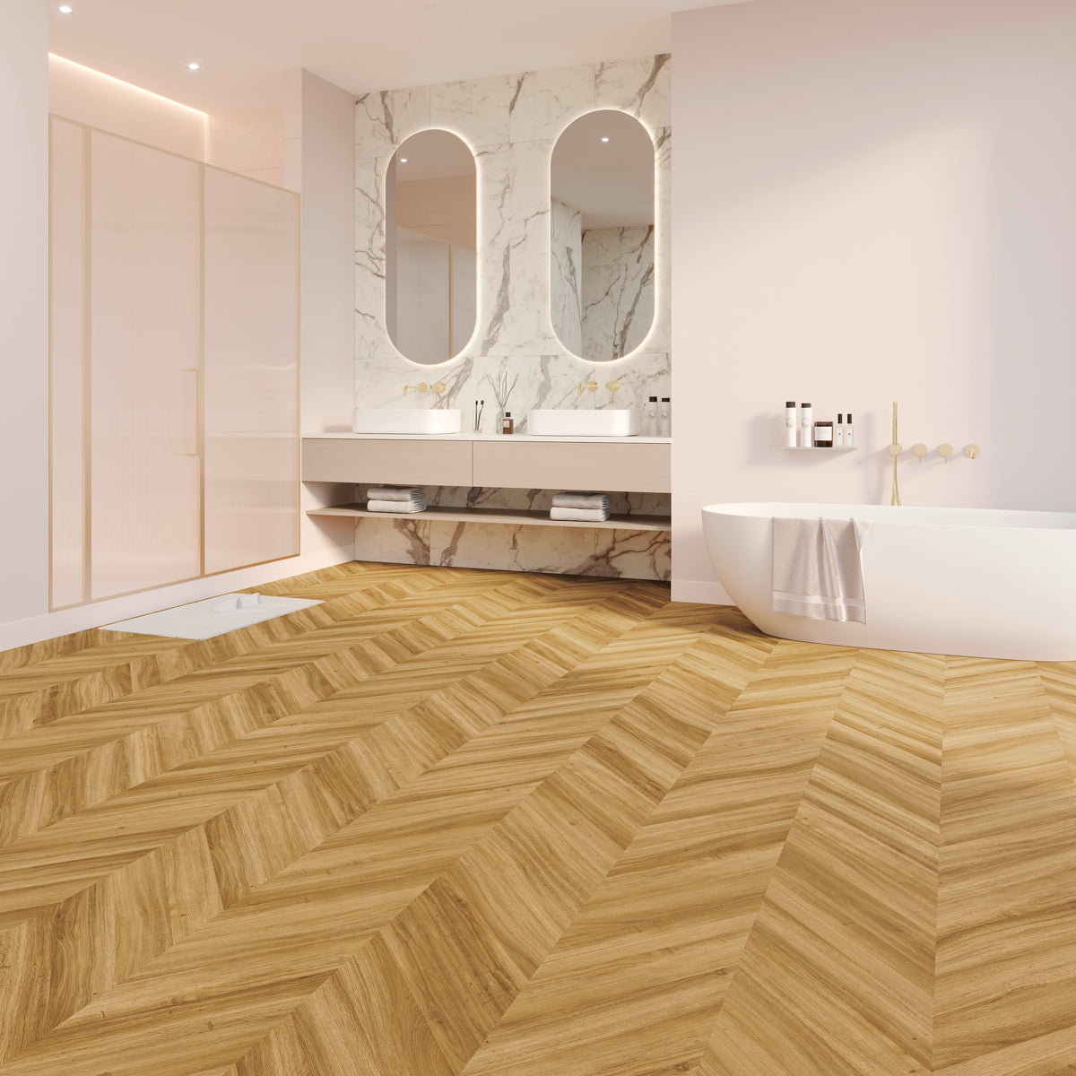 Kiruna Eiche Bernstein Chevron Klebevinyl – Raumbeispiel 1