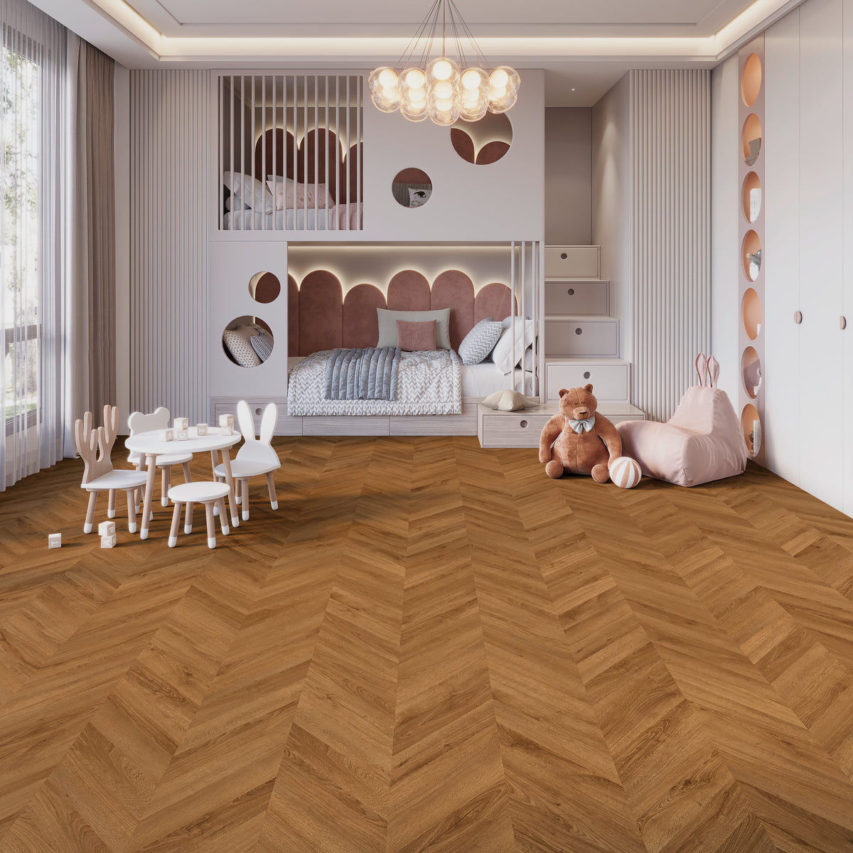 Kiruna Eiche Cognac Chevron Klebevinyl – Raumbeispiel 1