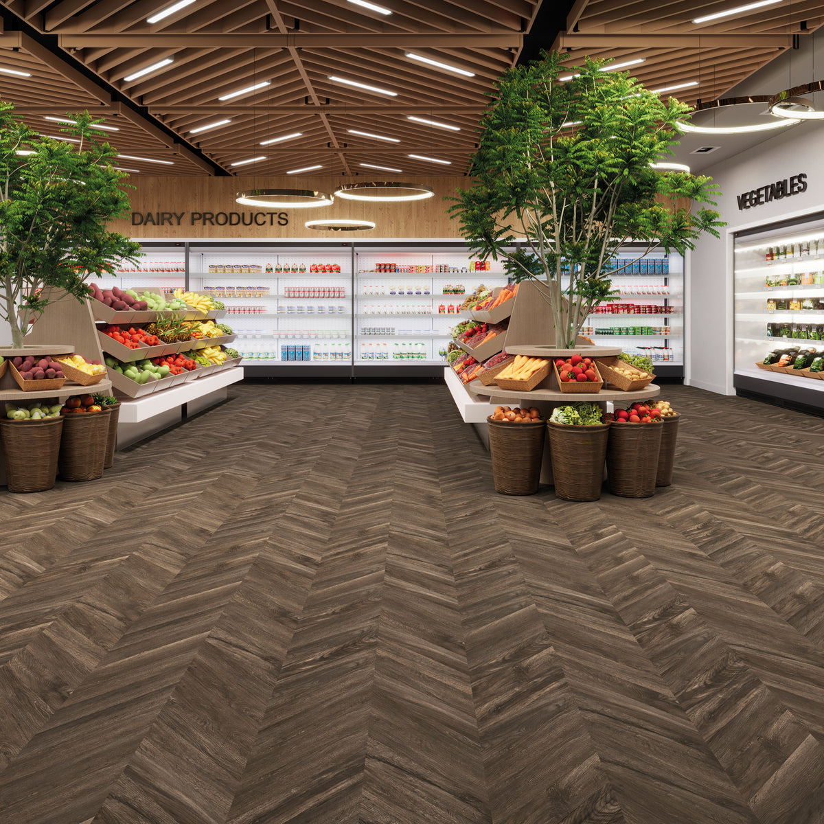 Kiruna Eiche Taupe Chevron Klebevinyl – Raumbeispiel 1