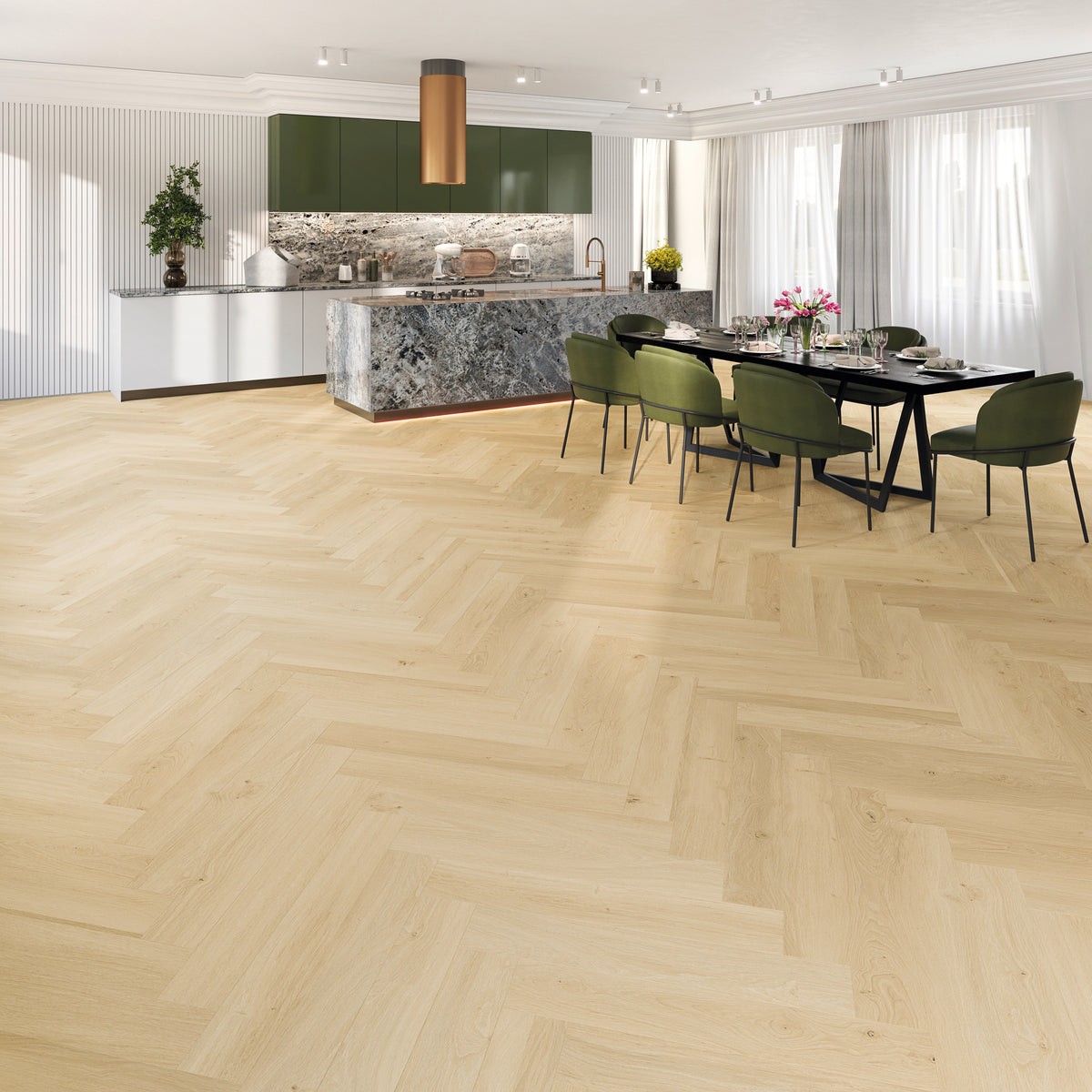Selvana Eiche Nordic Fischgrät Klebevinyl – Raumbeispiel 1