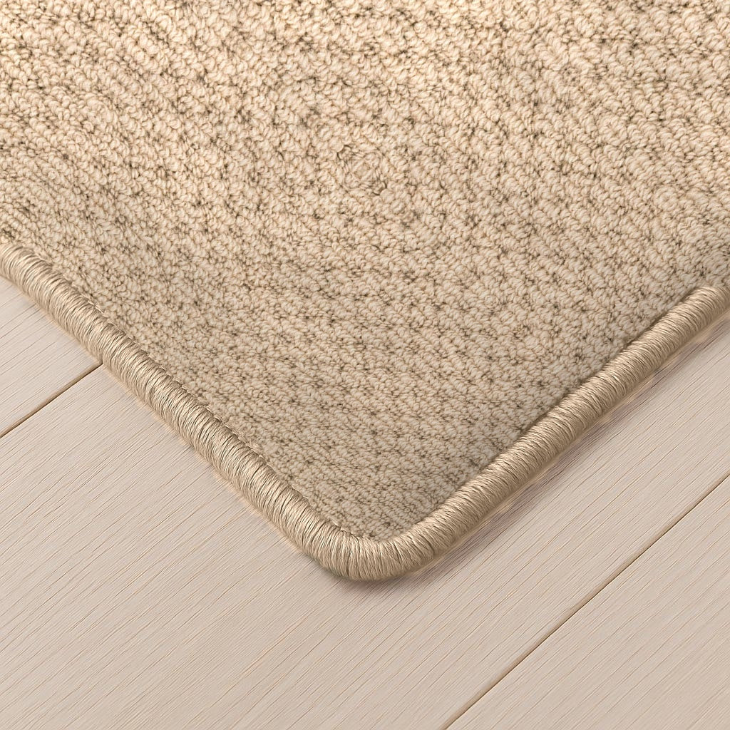 Cassia Teppich nach Maß | Farbe: Sand (064) | gekettelte Kante (Digital montiertes Beispielbild, Farbe kann abweichen)