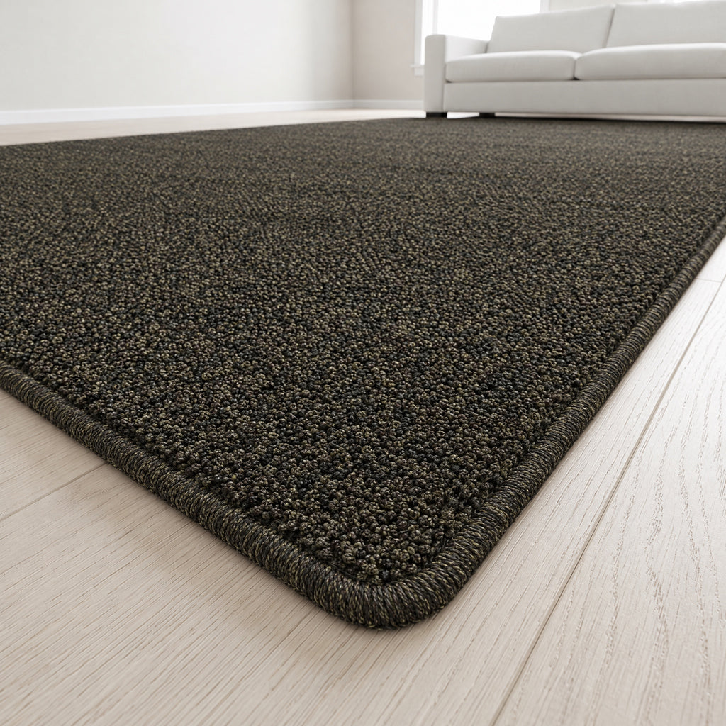 Kontura Teppich nach Maß | Farbe: Oliv Dunkel | Kettelecke (Beispielbild, Farbe kann abweichen)