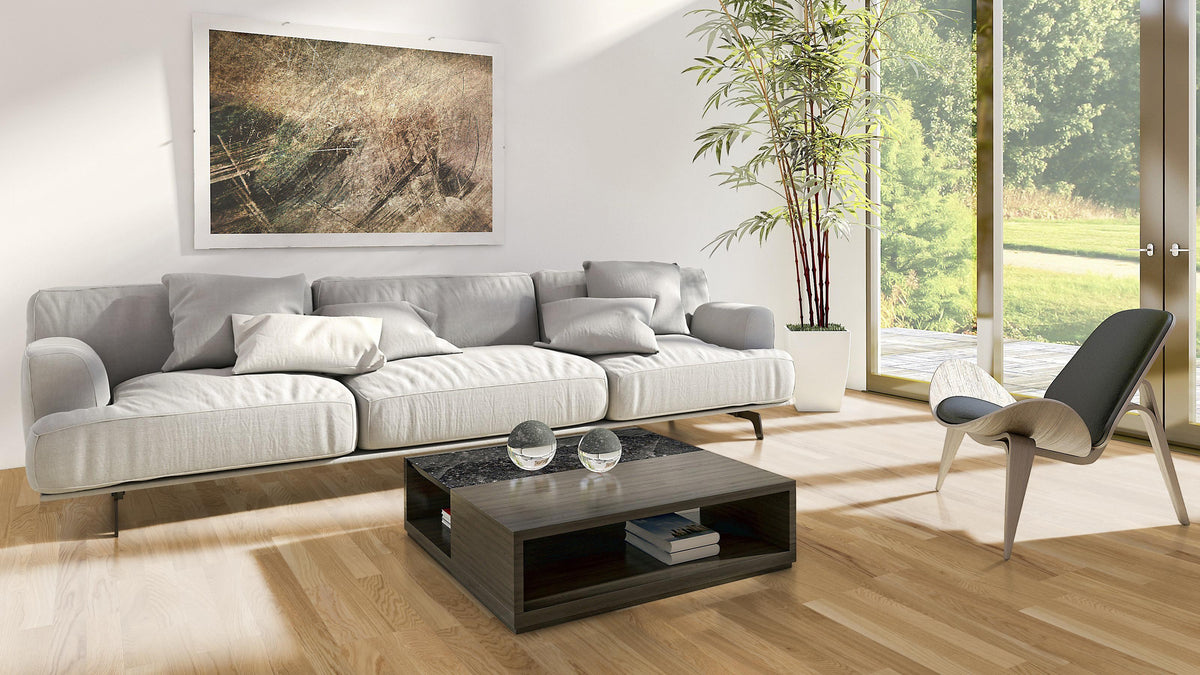 Navessa Eiche Rustikal lackiert – Parkett-Schiffsboden 220 × 21,5 cm – Raumbeispiel 2