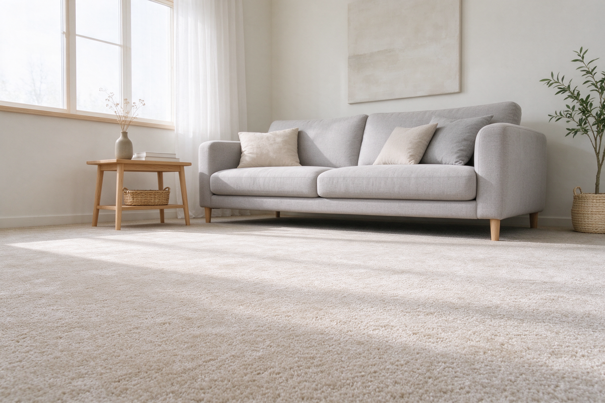Helles Wohnzimmer mit beigem Velours-Teppichboden und Sofa
