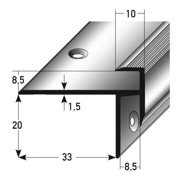 Treppenkantenprofil für Laminat Alu eloxiert 20 × 33 × 8,5 mm, gebohrt