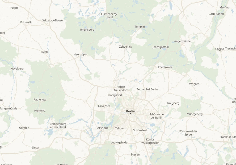 Karte der Region um Oranienburg. Die markierte Fläche zeigt unser Verlegegebiet im Umkreis von etwa 50 Kilometern. Berlin und Potsdam liegen darin.